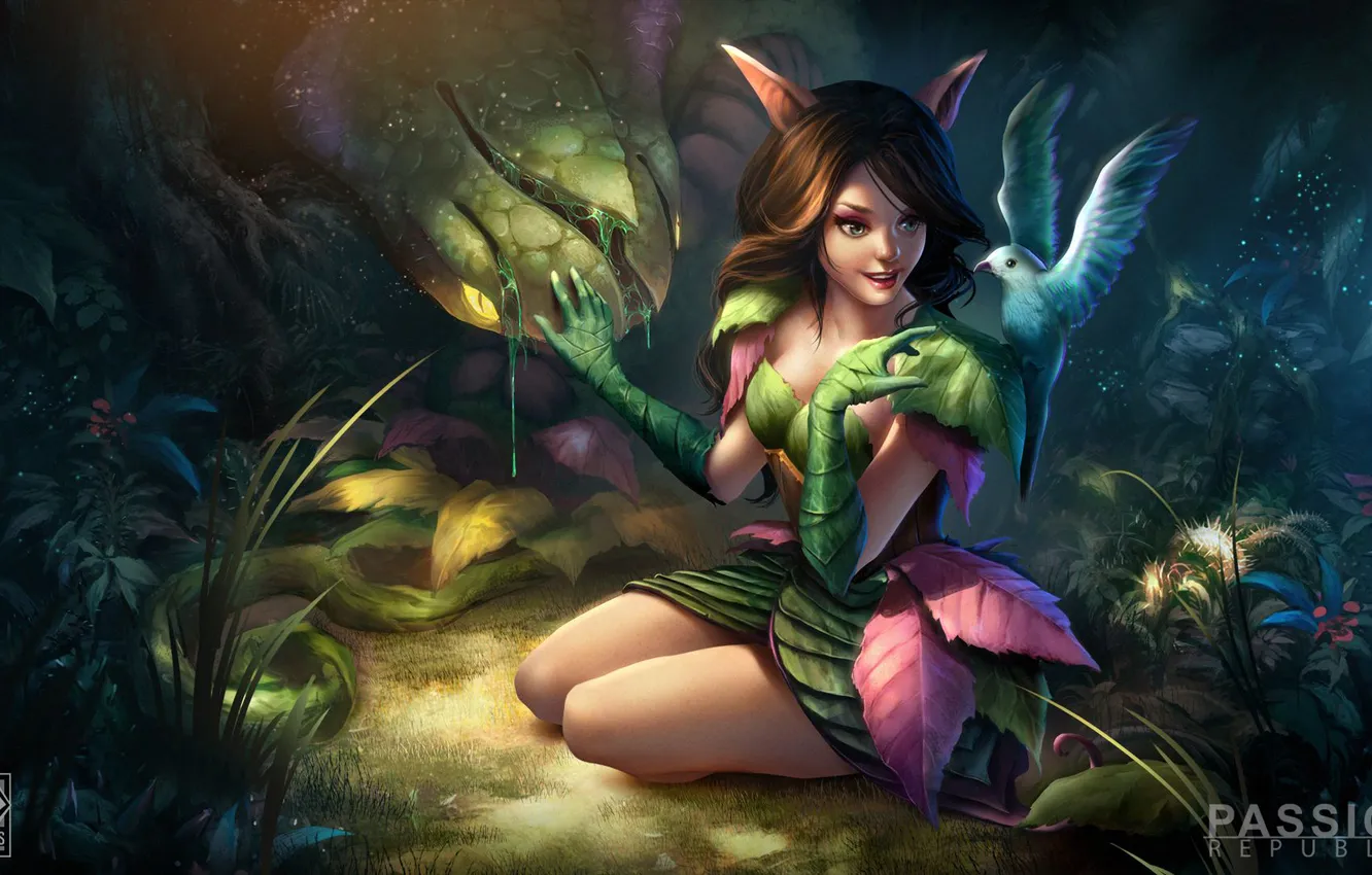 Фото обои лес, девушка, птица, арт, ушки, сидя, Passion Republic
