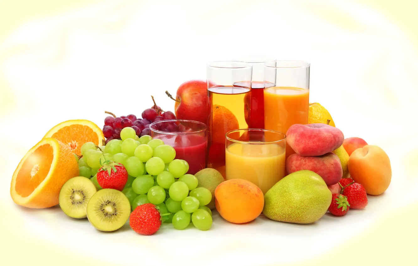 Фото обои ягоды, апельсин, киви, клубника, сок, виноград, груша, juice
