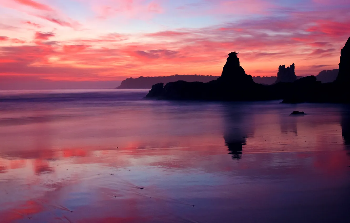 Фото обои море, закат, скалы, розовый, вечер, брег