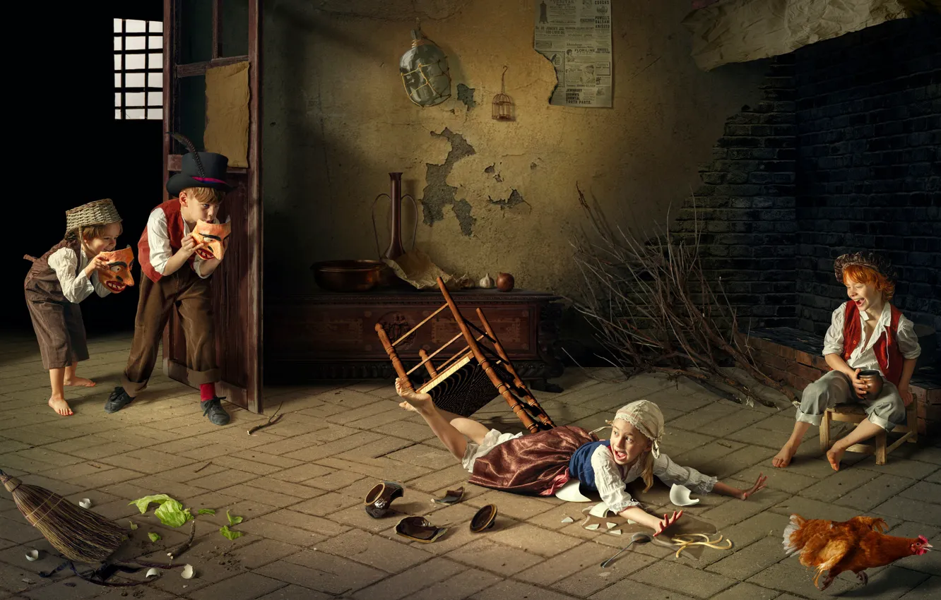 Фото обои дети, девочки, курица, мальчики, Дмитрий Усанин, озорники