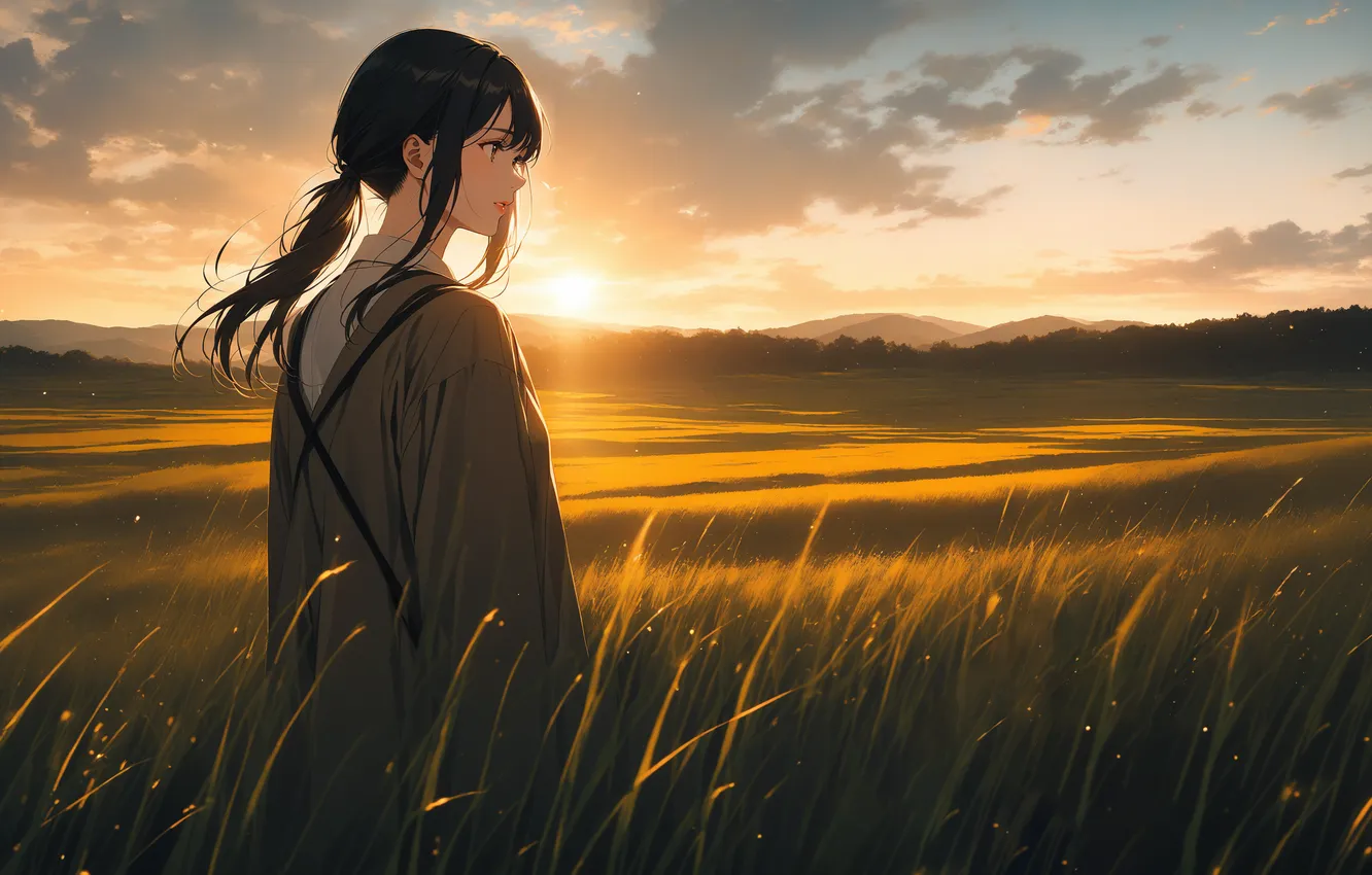 Фото обои поле, девушка, солнце, аниме, girl, field, woman, anime