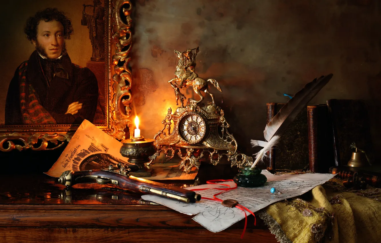 Фото обои пистолет, перо, картина, рукопись, чернильница, Пушкин