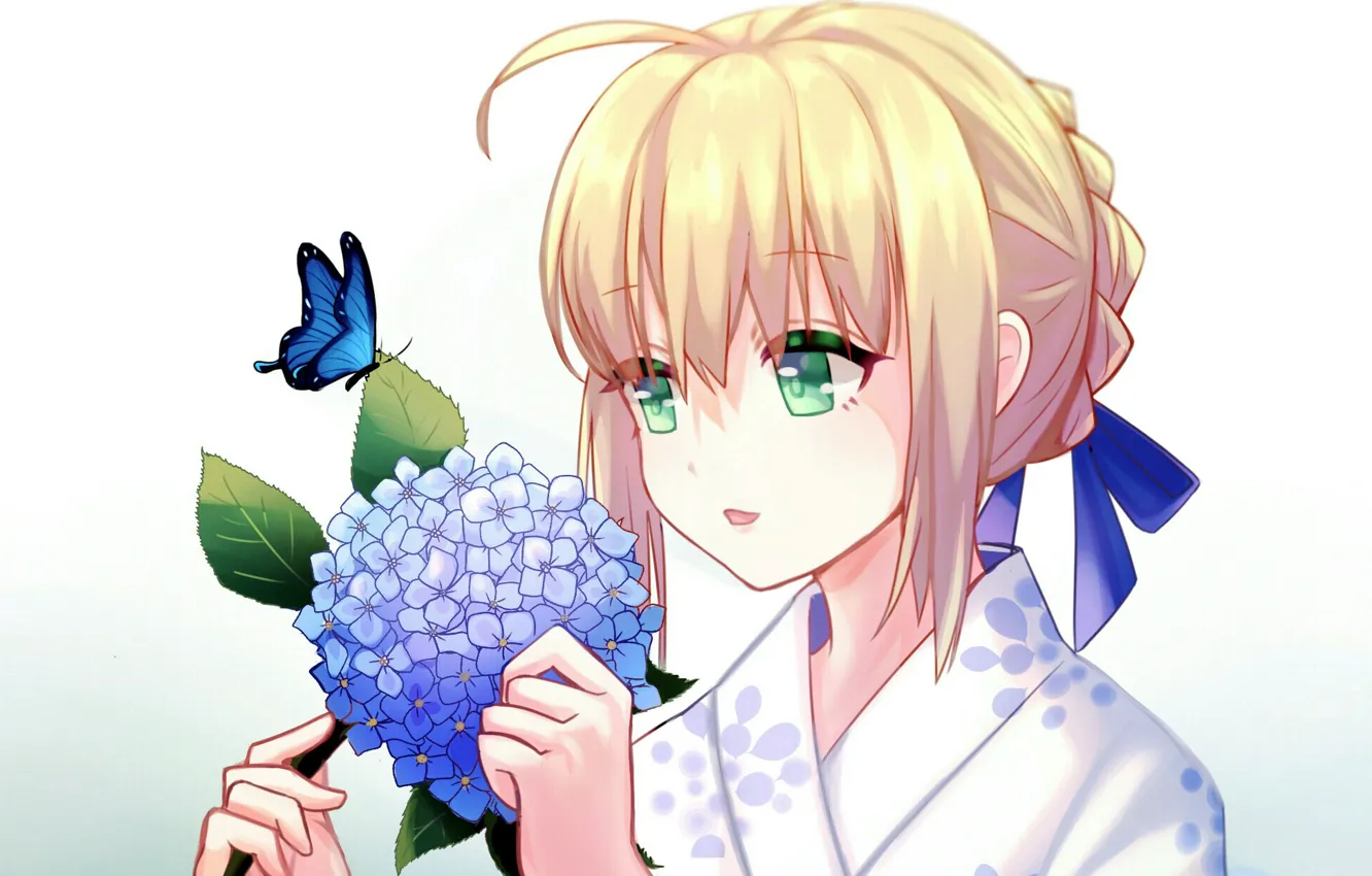Фото обои девушка, цветы, гортензия, Saber, Fate / Stay Night, Судьба Ночь схватки