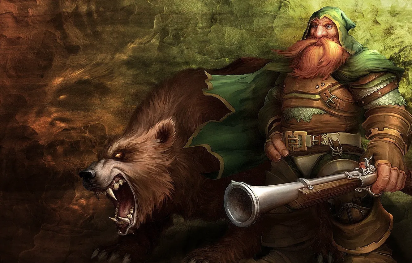 Фото обои стена, медведь, пасть, ружье, wow, world of warcraft, дварф