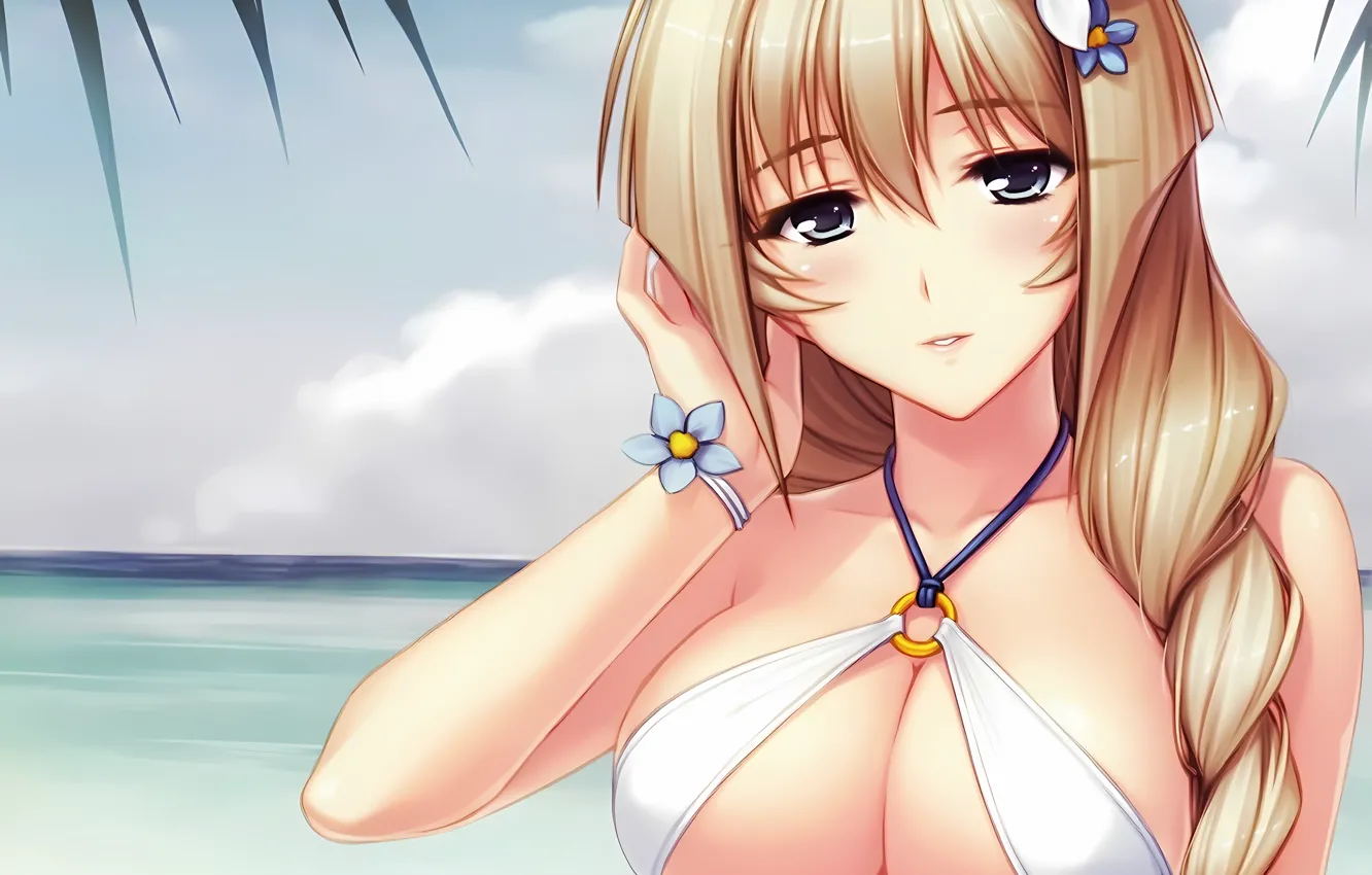 Фото обои girl, sexy, cleavage, beach, long hair, sea, boobs, anime