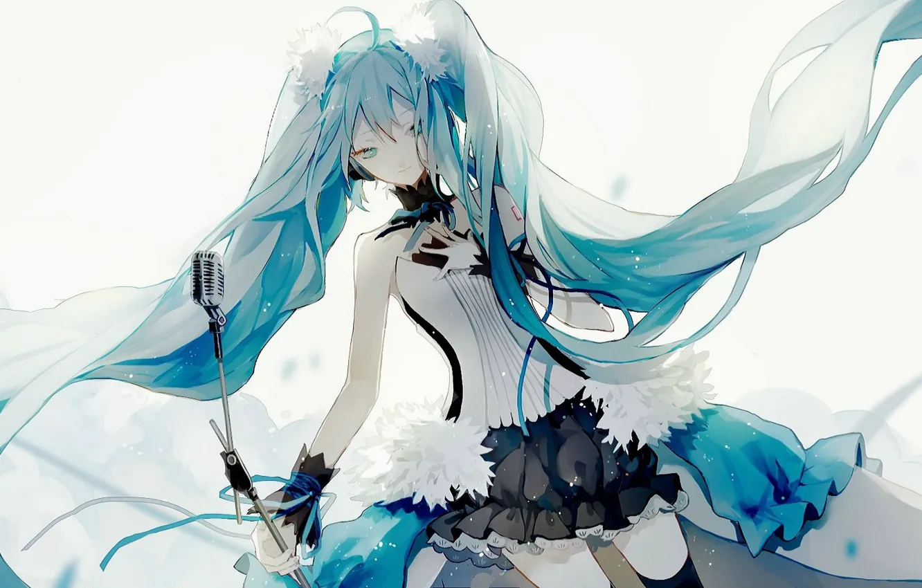 Фото обои белый фон, мех, микрофон, корсет, голубые глаза, vocaloid, Hatsune Miku, длинные волосы