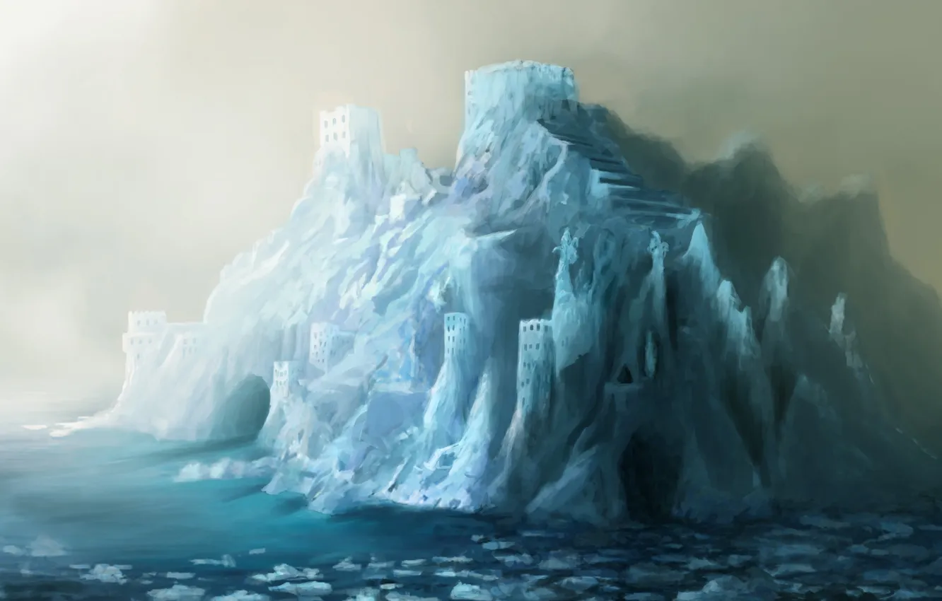 Фото обои холод, лед, море, город, ледник, арт, арки