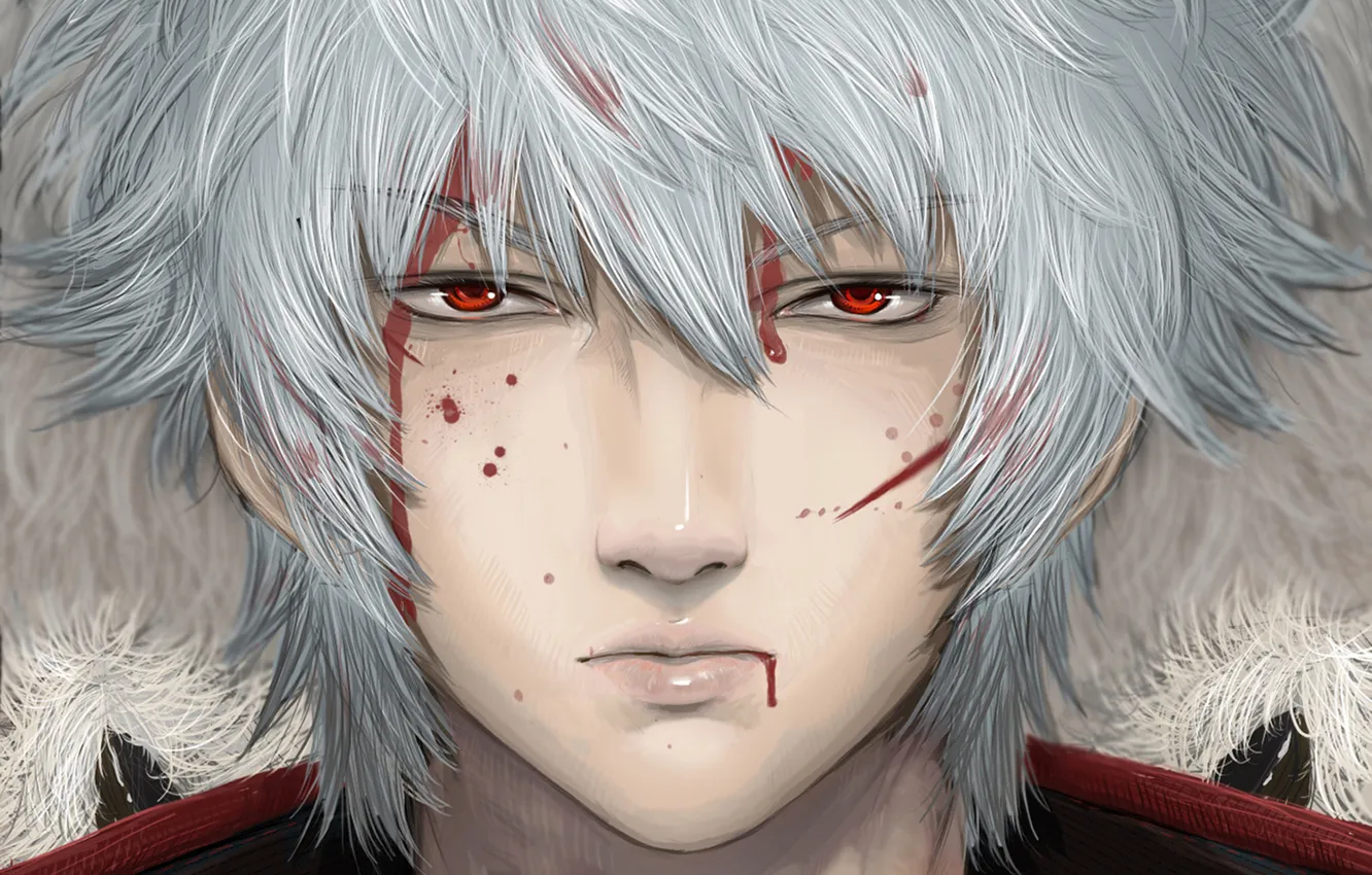 Фото обои кровь, парень, красные глаза, белые волосы, Gintama, Sakata Gintoki