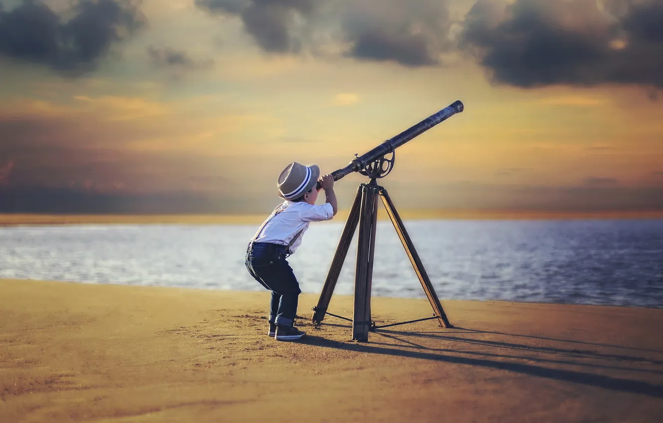 Фото обои небо, мальчик, телескоп