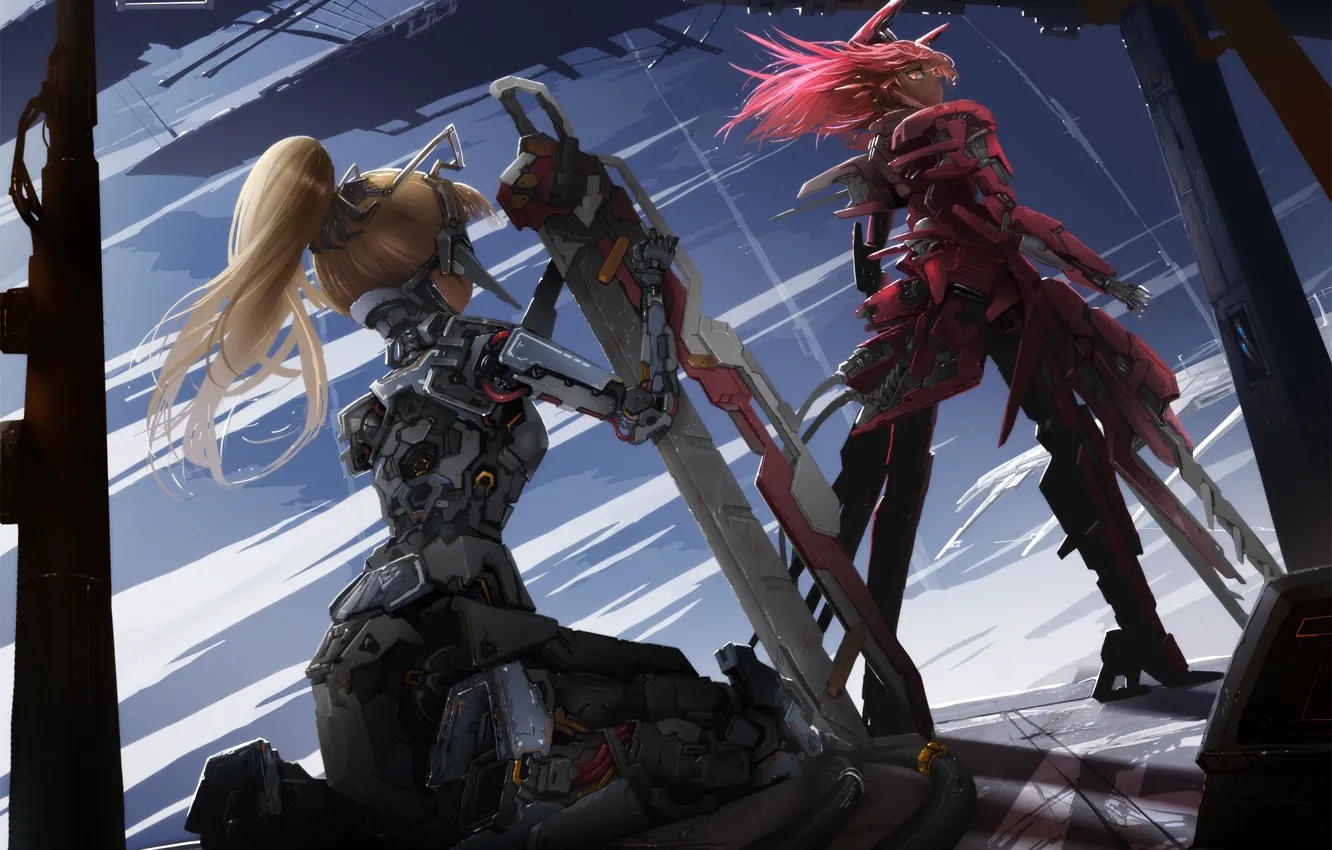 Фото обои металл, оружие, девушки, механизм, робот, меч, уши, неко