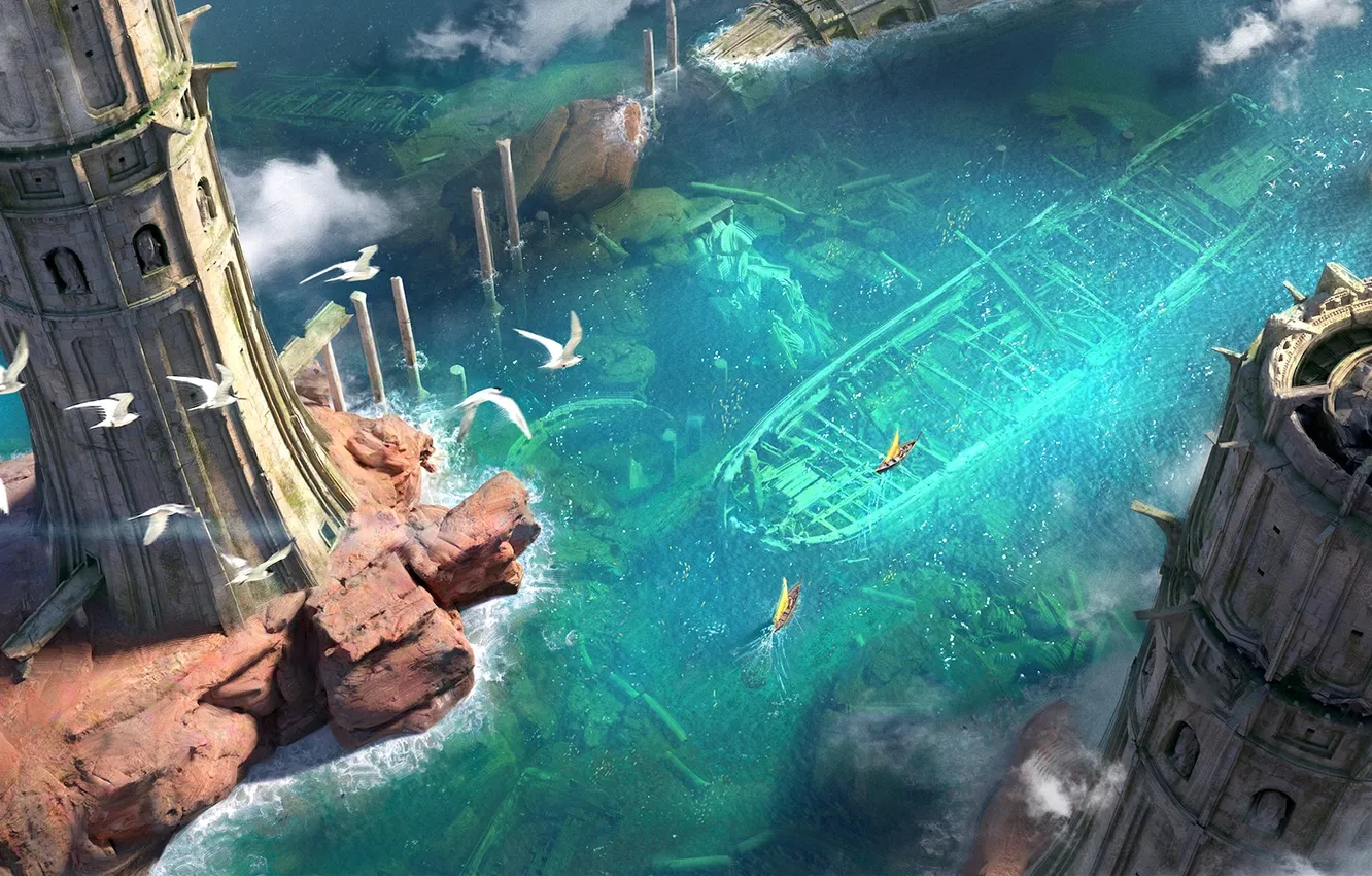 Фото обои fantasy, sea, birds, ruins, digital art, artwork, boat, fantasy art