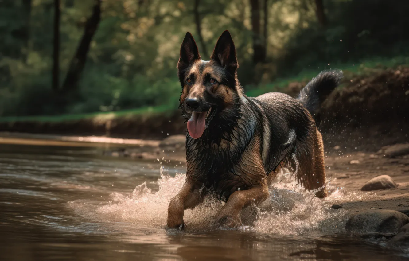 Фото обои язык, природа, берег, собака, купание, арт, водоем, цифровое искусство