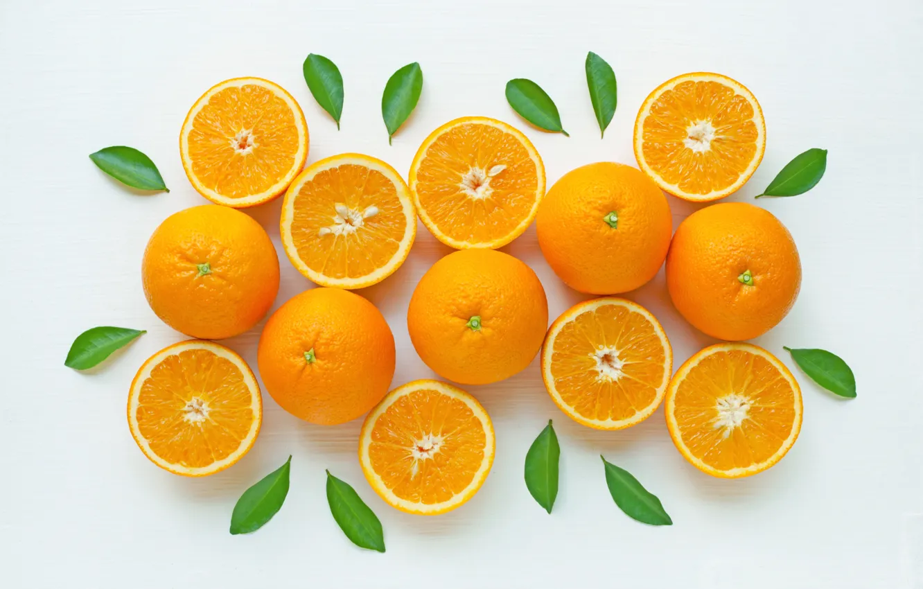 Фото обои апельсины, фрукты, fresh, листики, leaves, orange, fruits