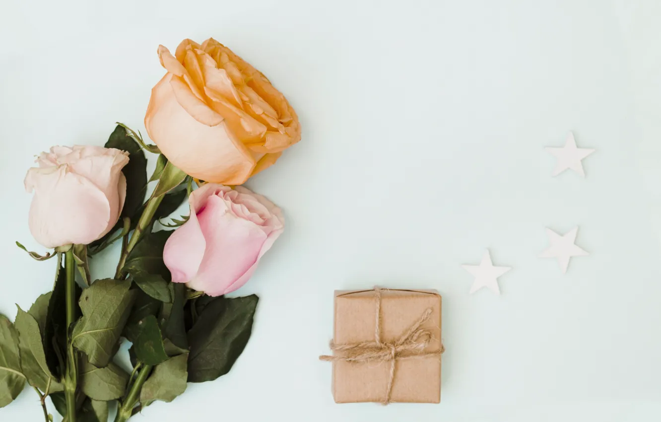 Фото обои цветы, подарок, розы, букет, pink, flowers, roses, gift box
