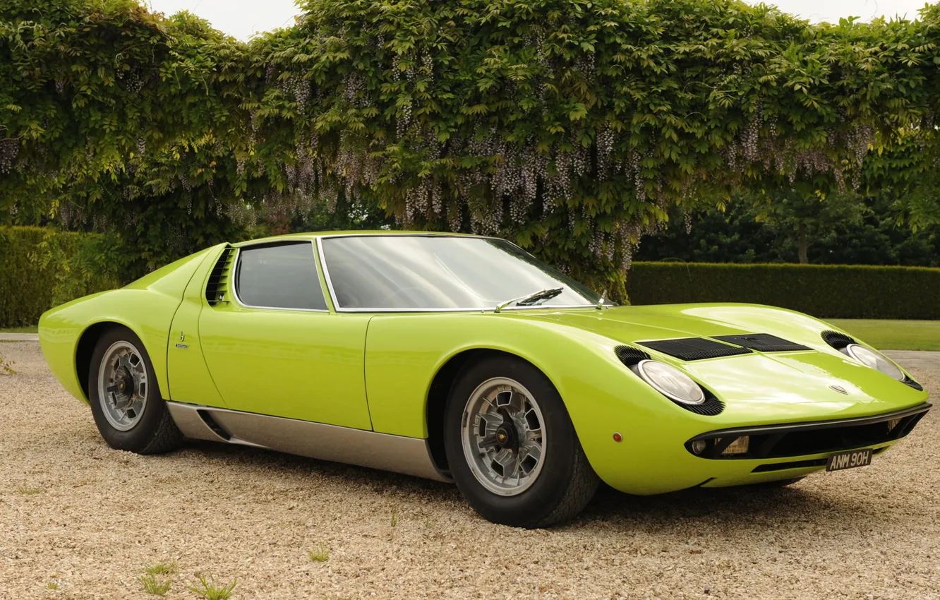 Фото обои фары, Lamborghini, 1969, зелёный, суперкар, кусты, передок, Miura