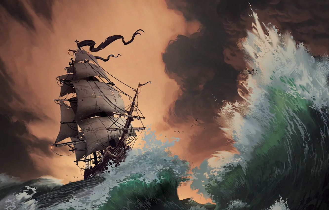 Фото обои Море, Волны, Буря, Корабль, Шторм, Парусник, Пираты, Паруса