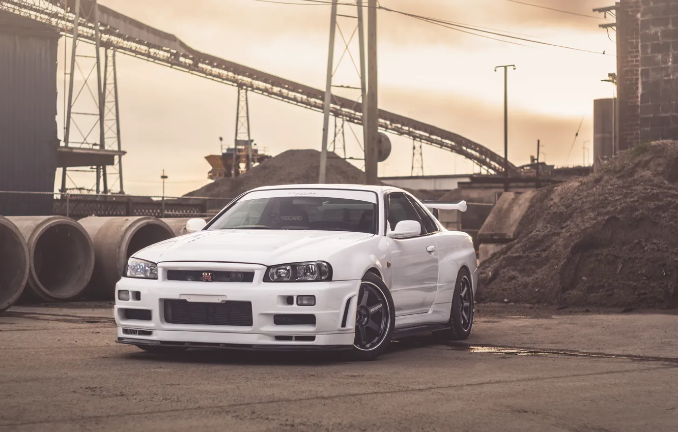 Фото обои GTR, Nissan, White, Skyline, R34, Facnory