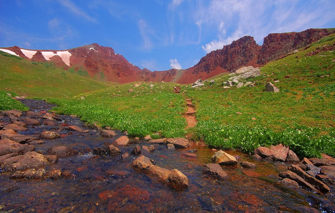 Фото обои лето, небо, трава, облака, горы, зеленый, ручей, камни