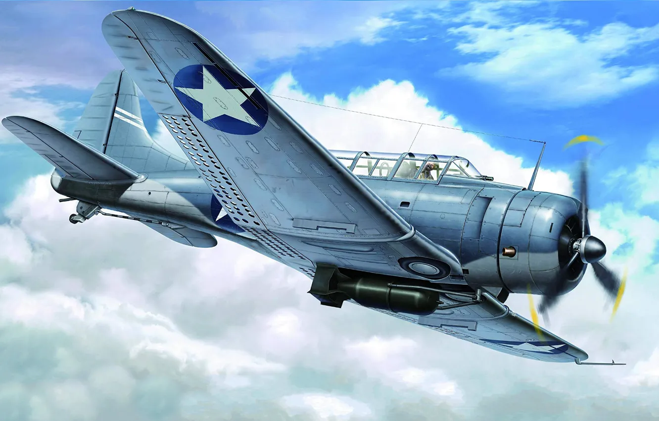 Фото обои США, Палубный, пикирующий бомбардировщик, Douglas SBD Dauntless, US NAVY, самолет-разведчик, SBD-3 Dauntless Midway 1942, A-24 …