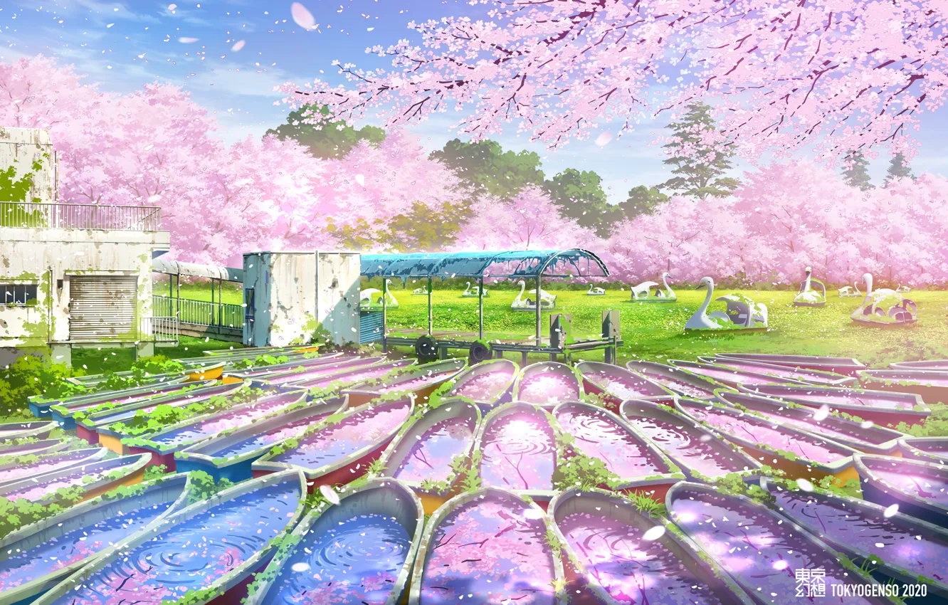 Фото обои парк, сакура, Токио, цветение, заброшен