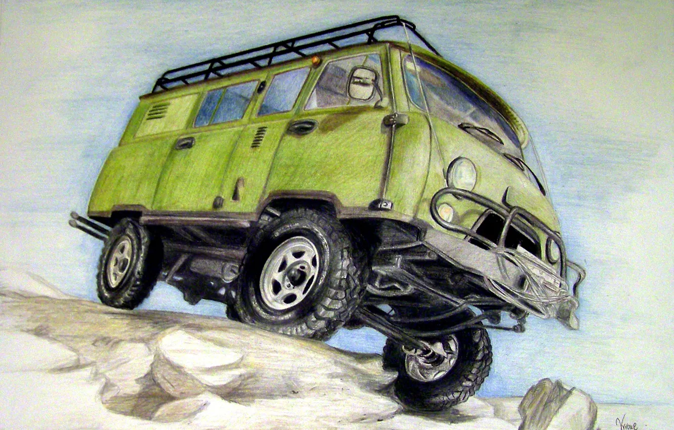 Фото обои рисунок, карандаши, полноприводный, специальный грузопассажирский, с колёсной формулой 4×4, «Буханка», двухосный автомобиль повышенной проходимости, УАЗ-452 …