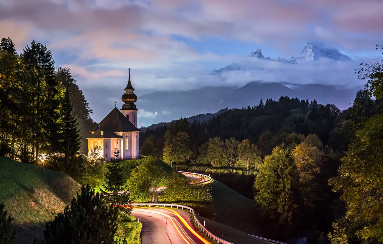 Фото обои дорога, облака, деревья, пейзаж, горы, природа, вечер, Германия