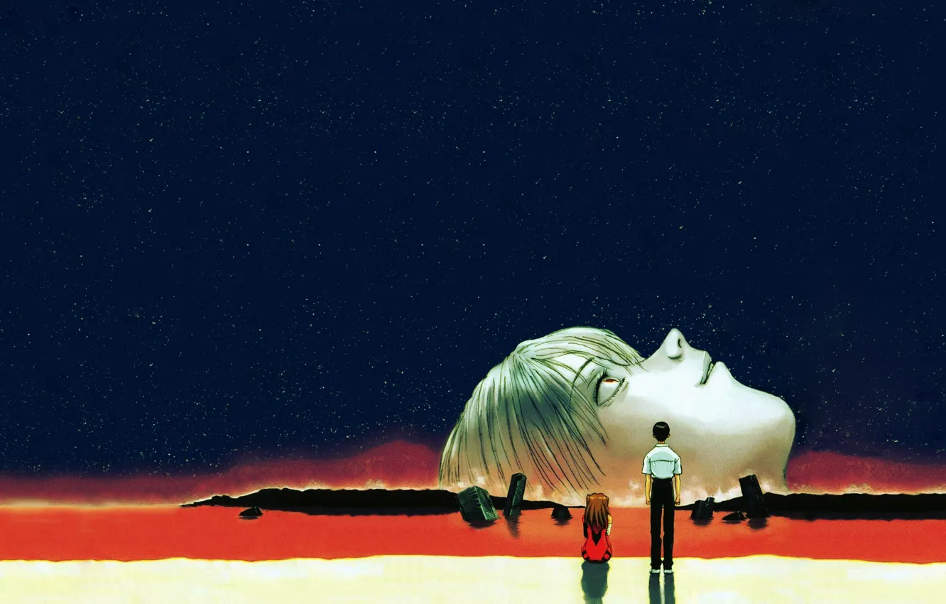 Фото обои Звезды, евангелион, Ayanami Rei, Evangelion, Asuka Langley, Ночное небо, Ikari Shinji, The end of Evangelion