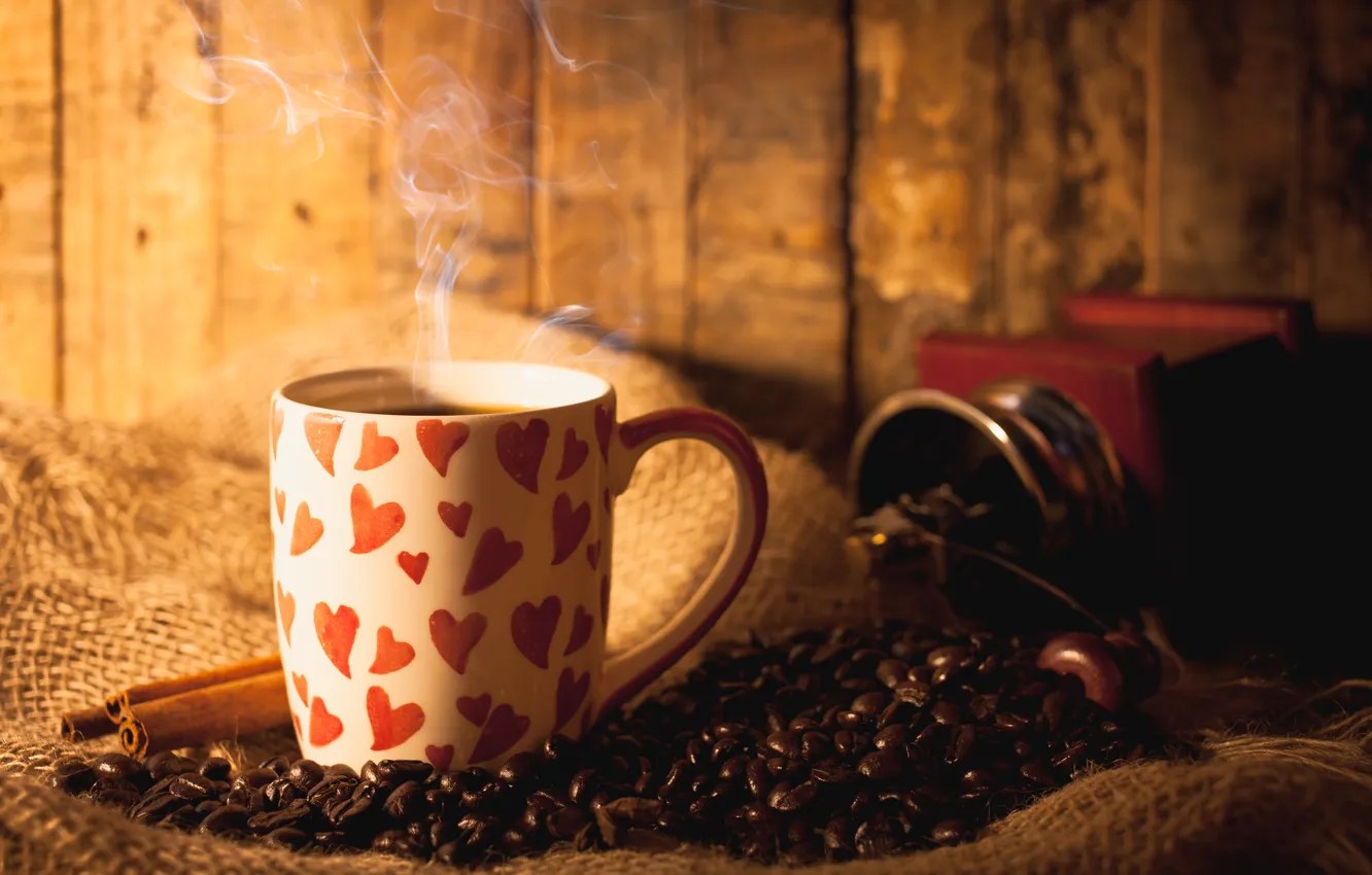 Фото обои Кофе, кружка, сердечки, кофейные зерна