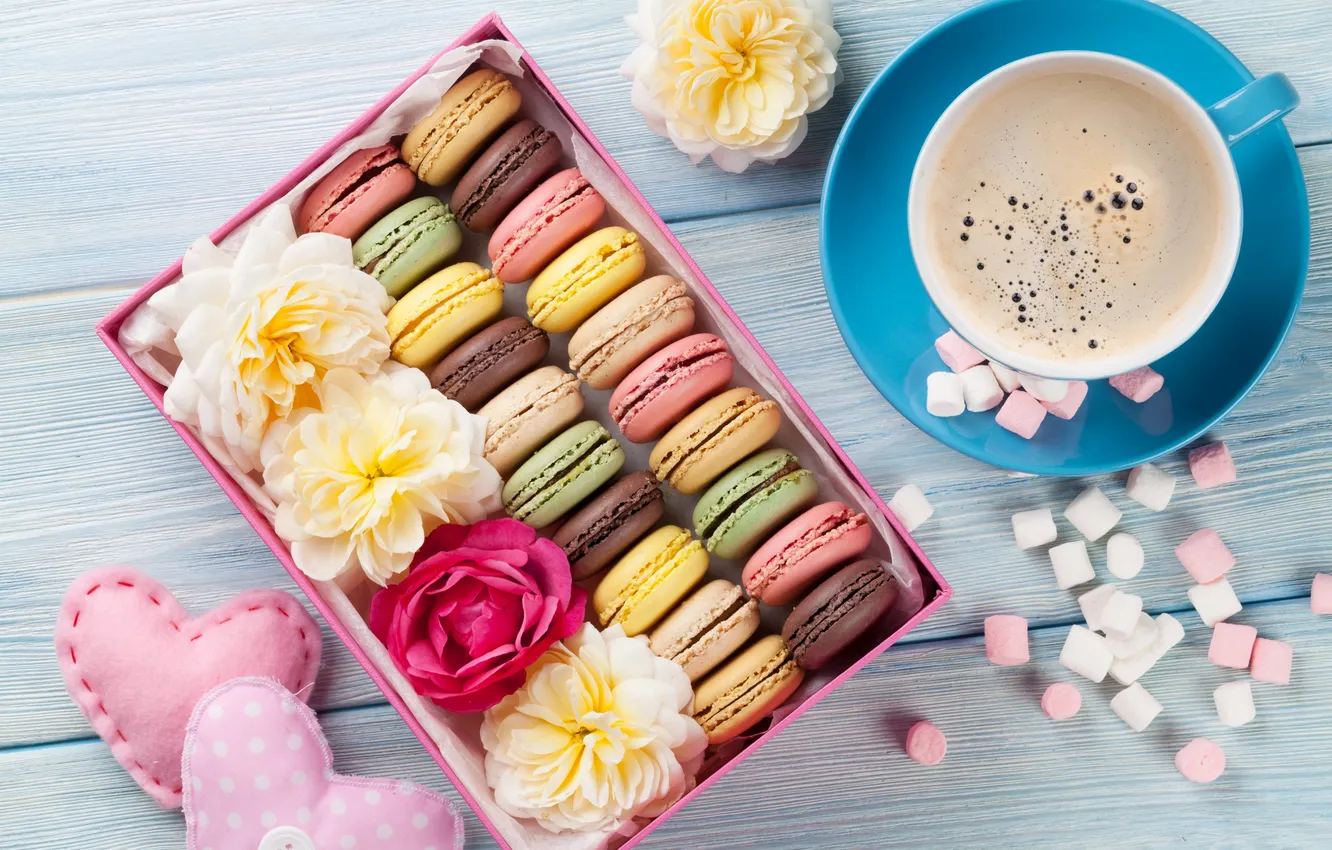 Фото обои цветы, подарок, colorful, wood, pink, flowers, hearts, coffee cup
