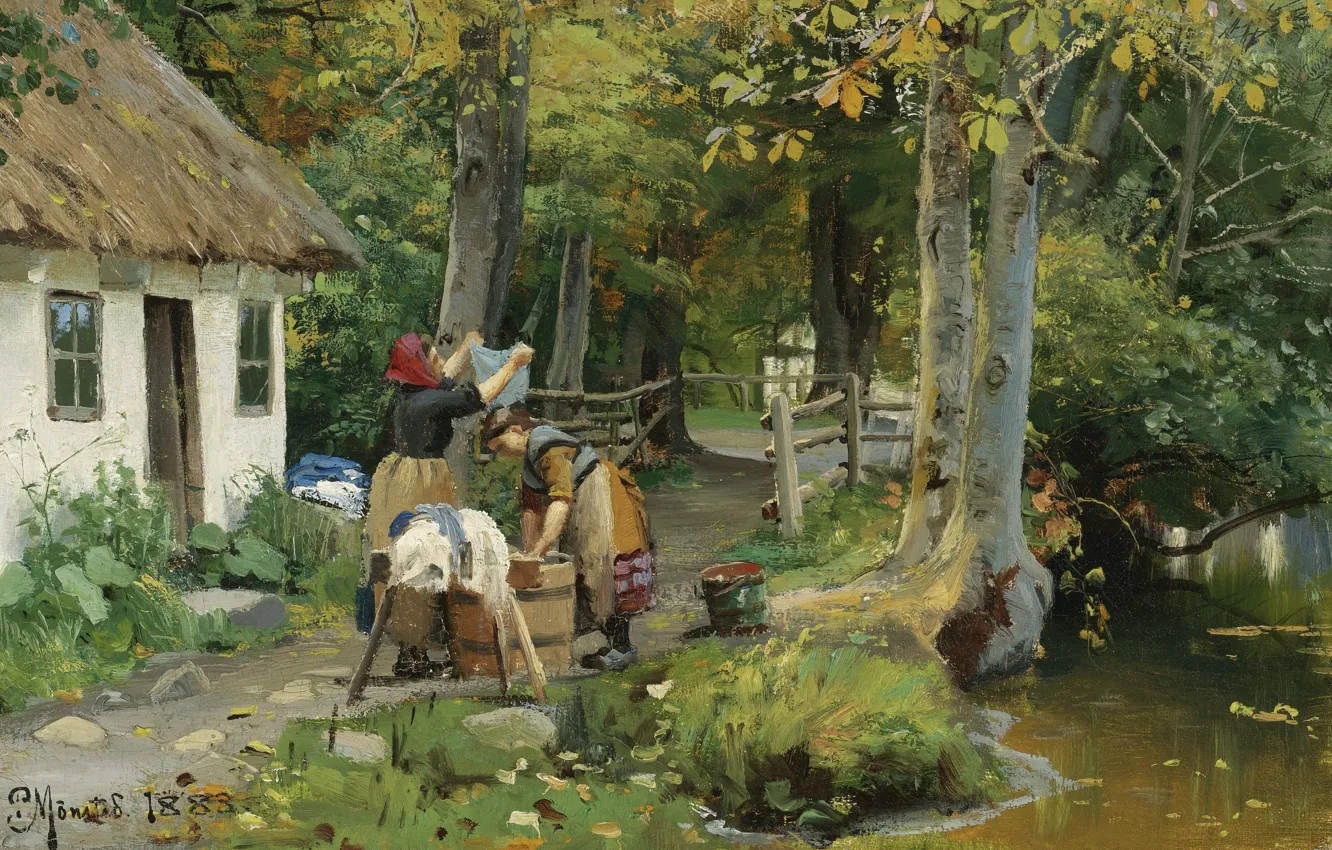 Фото обои датский живописец, 1883, Петер Мёрк Мёнстед, Peder Mørk Mønsted, Danish realist painter, День стирки, Washing …