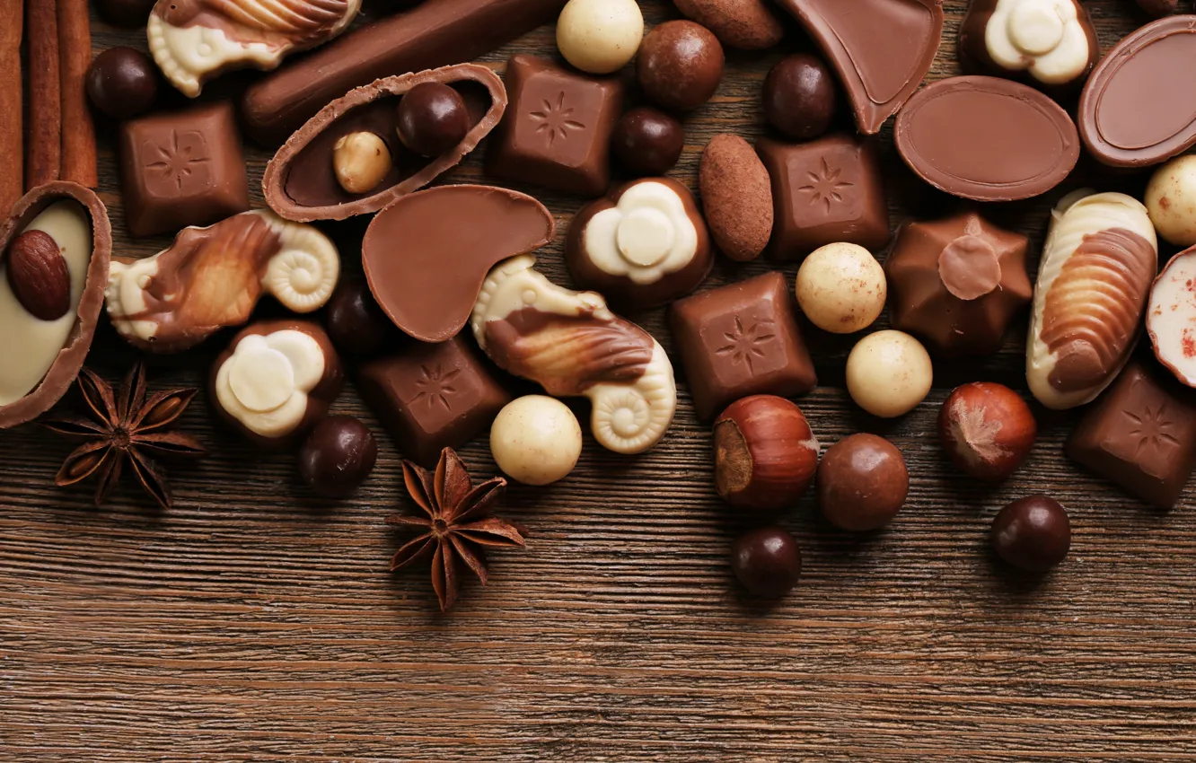 Фото обои шоколад, конфеты, сладости, орехи, десерт, бадьян, анис