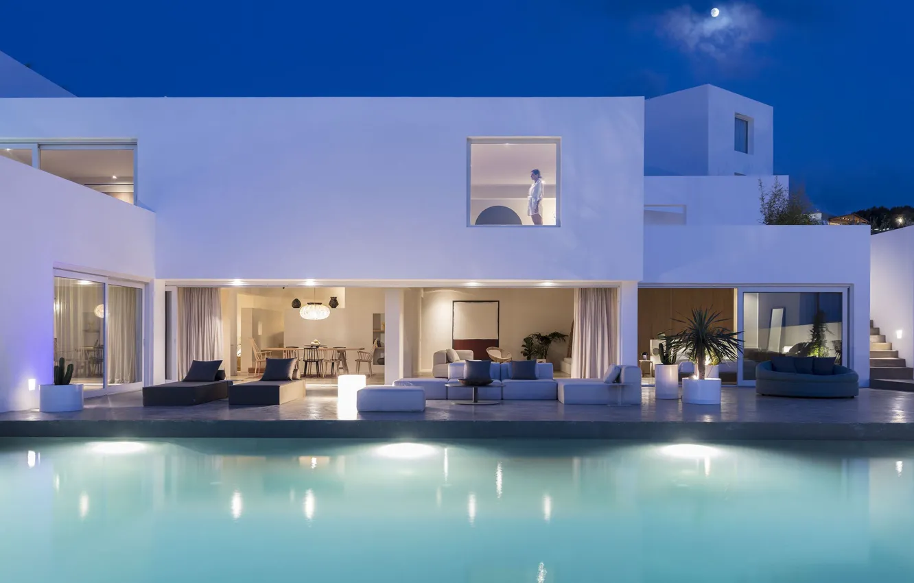 Фото обои вилла, вечер, бассейн, Греция, освещение, архитектура, Santorini, Oia