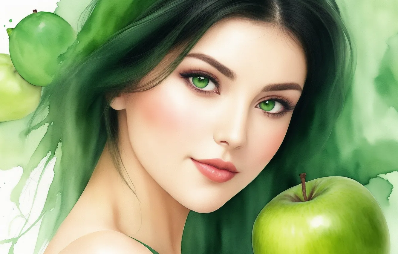 Фото обои девушка, зеленый, green, черный, женщина, яблоки, рисунок, apple