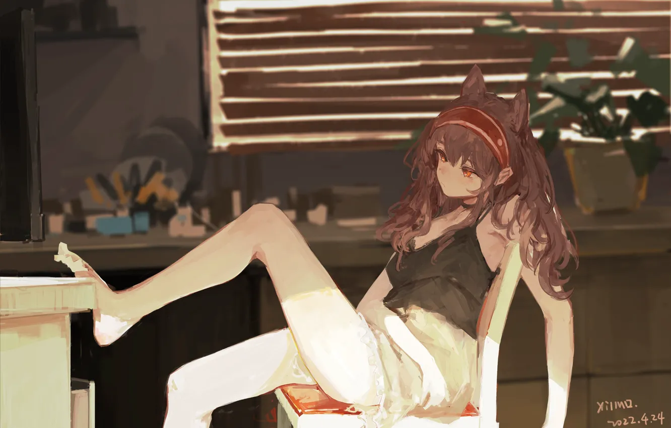 Фото обои девушка, стол, стул, Angelina, ушки, Arknights