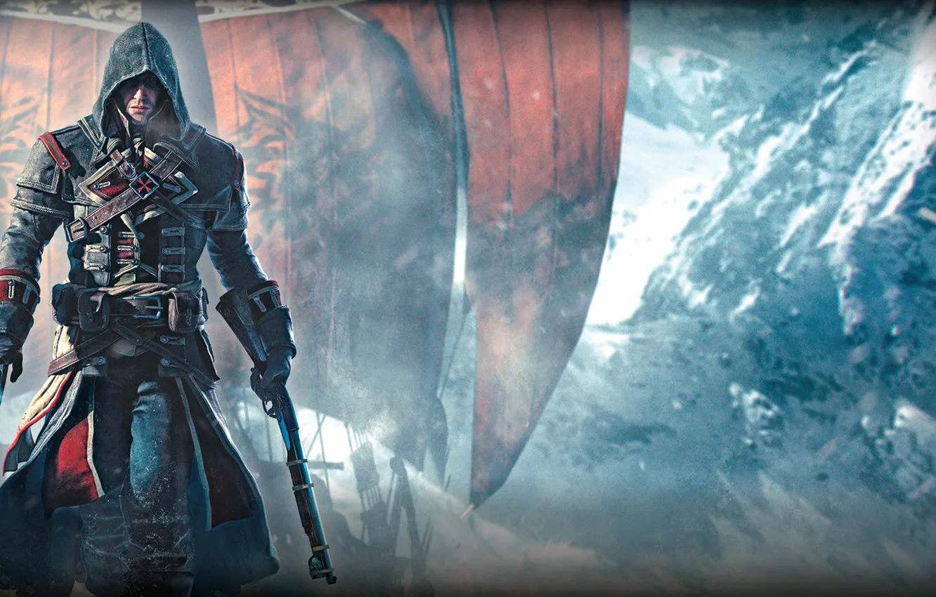 Фото обои снег, оружие, корабль, лёд, руки, капюшон, Тамплиер, паруса