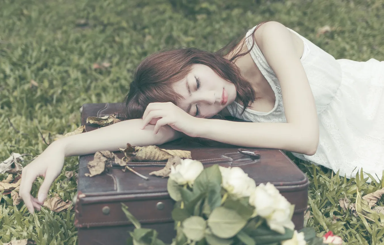 Фото обои девушка, чемодан, азиатка