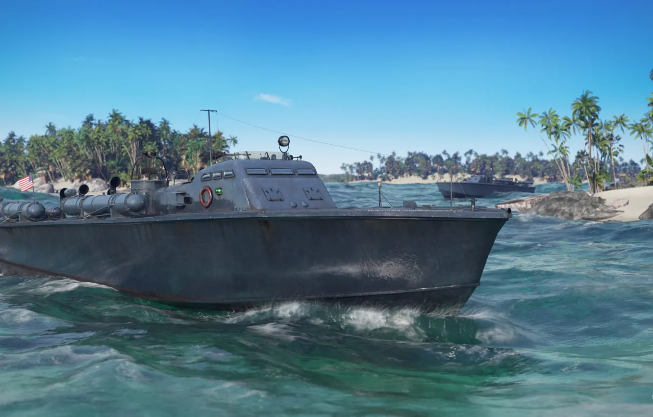 Фото обои пальмы, транспорт, техника, катер, Elco 77 ft PT boat