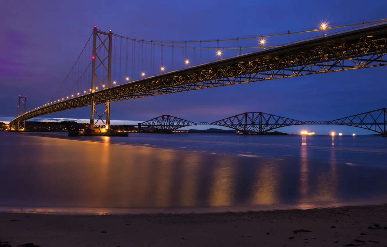 Фото обои небо, ночь, мост, огни, река, Шотландия, освещение, Великобритания