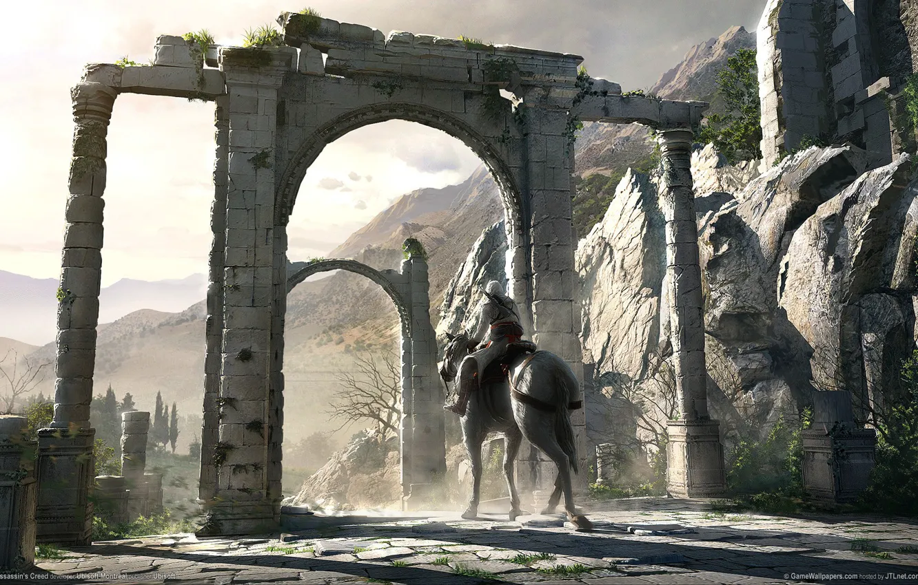 Фото обои ворота, всадник, Assassins Creed, руины