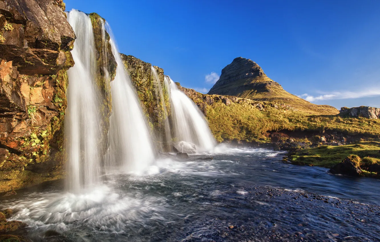 Фото обои небо, гора, водопад, Исландия, Kirkjufell