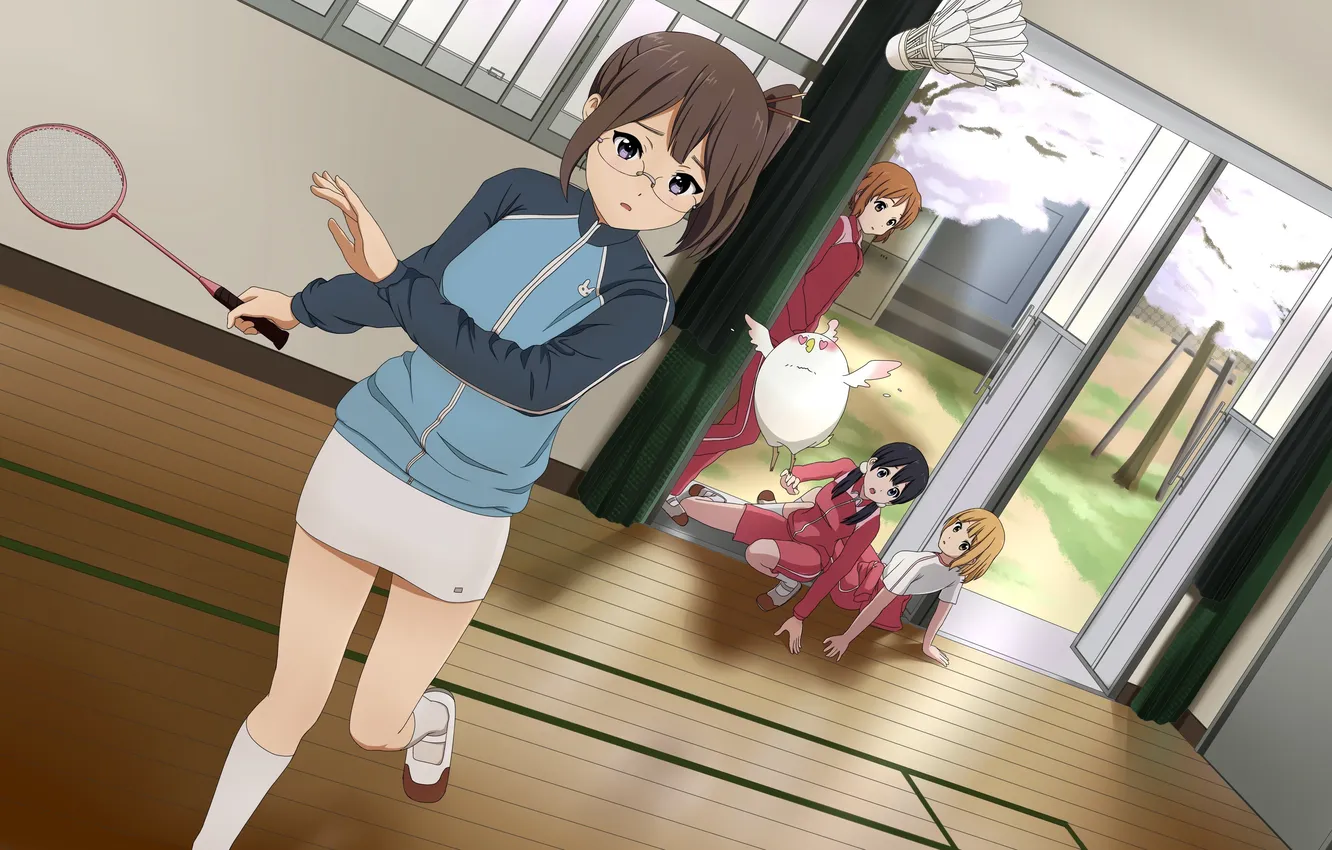 Фото обои девочки, ракетка, школа, бадминтон, tokiwa midori, kitashirakawa tamako, tamako market, asagiri shiori