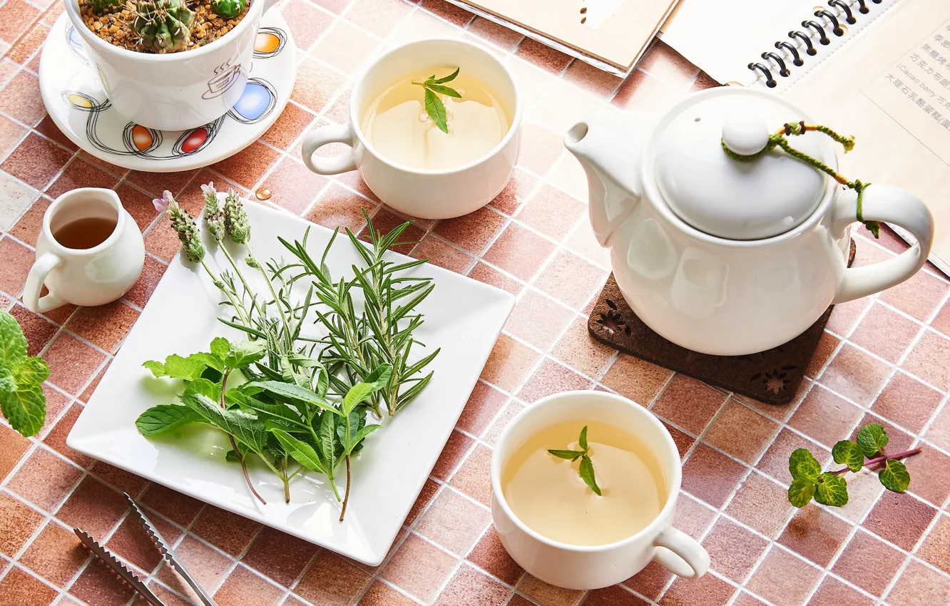Фото обои чай, чашки, напиток, травы, заварник