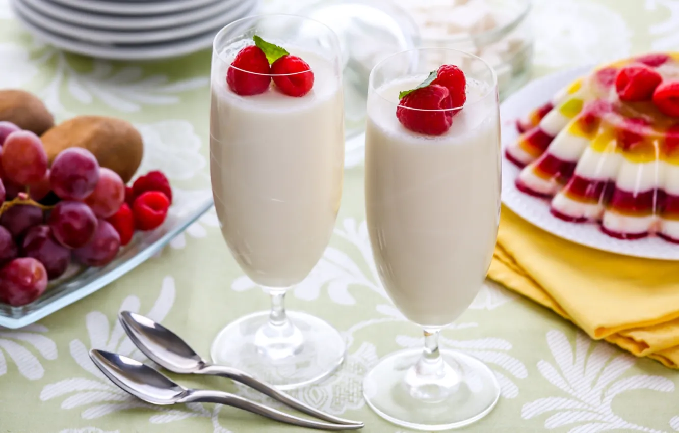 Фото обои ягоды, малина, коктейль, десерт, молочный