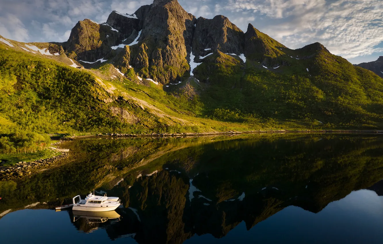 Фото обои пейзаж, горы, природа, лодки, Норвегия, фьорд, Лофотенские острова, Лофотены