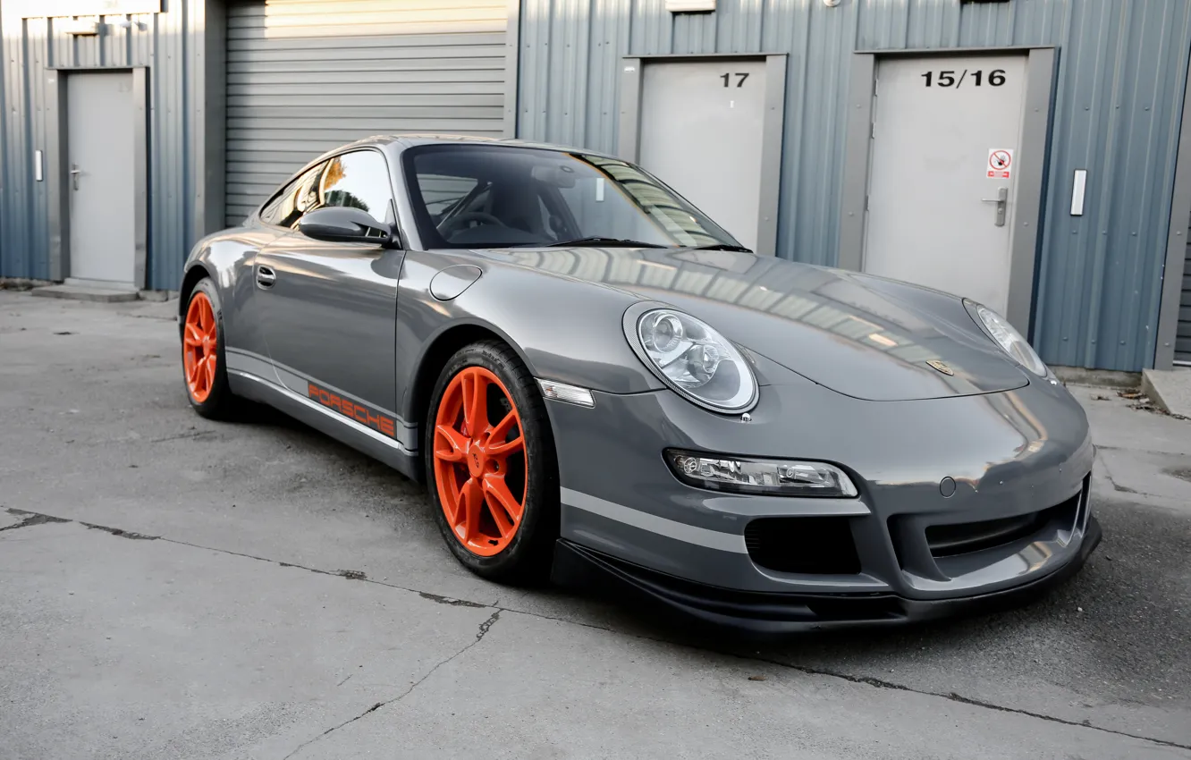 Фото обои Porsche, wheels, grey, GT3, orange, wrap, gloss