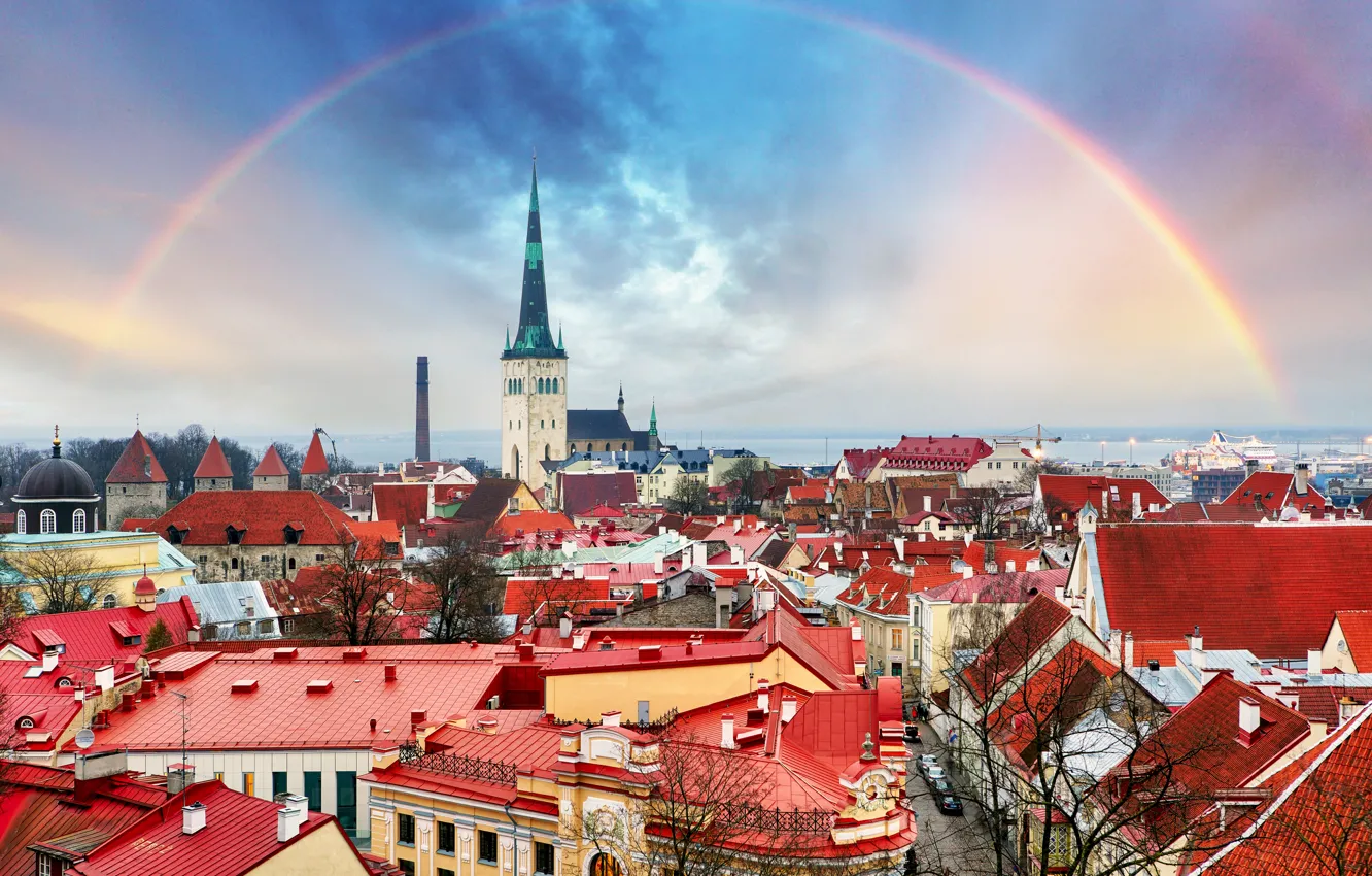 Фото обои город, дома, радуга, Таллин, сверху, Rainbow, Tallinn, Estonia