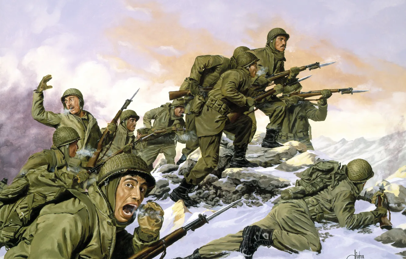 Фото обои зима, война, американцы, бегут, южная корея, The Borinqueneers by Dominic D\'Andrea, South Korea -- February …