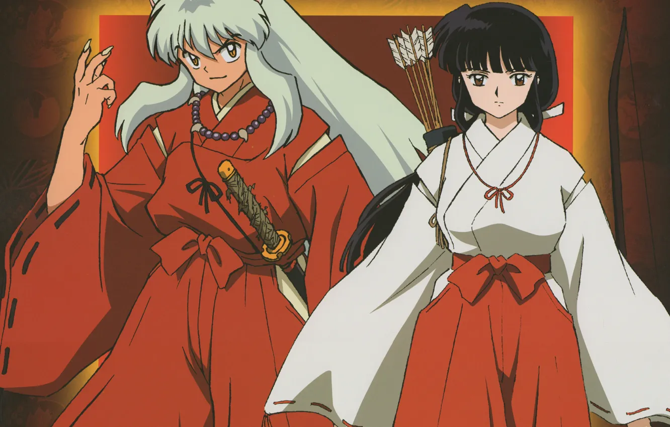 Фото обои демон, двое, жрица, art, красный костюм, Inuyasha, Инуяша, Rumiko Takahasi