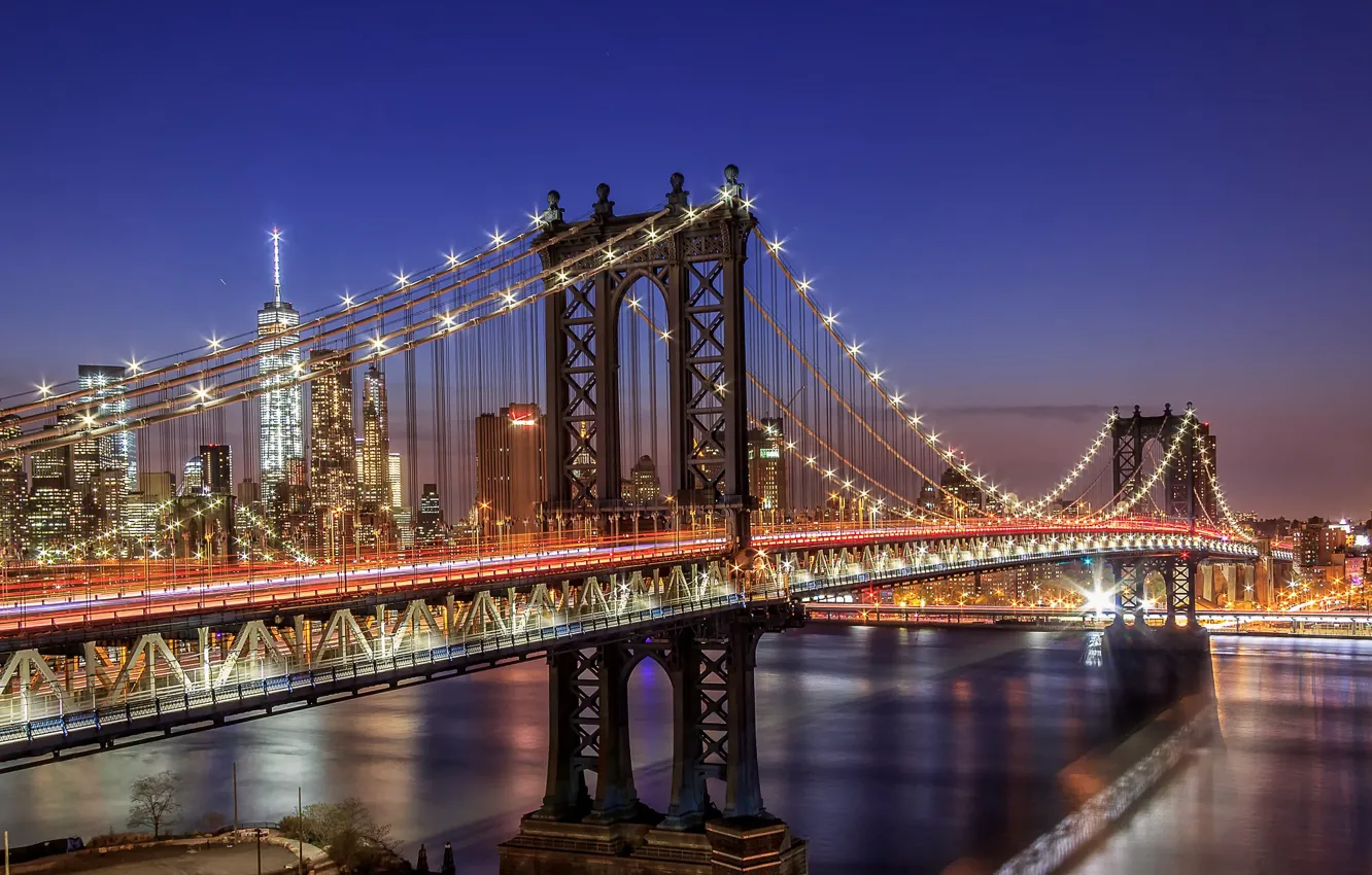 Фото обои свет, ночь, мост, город, огни, США, Нью Йорк