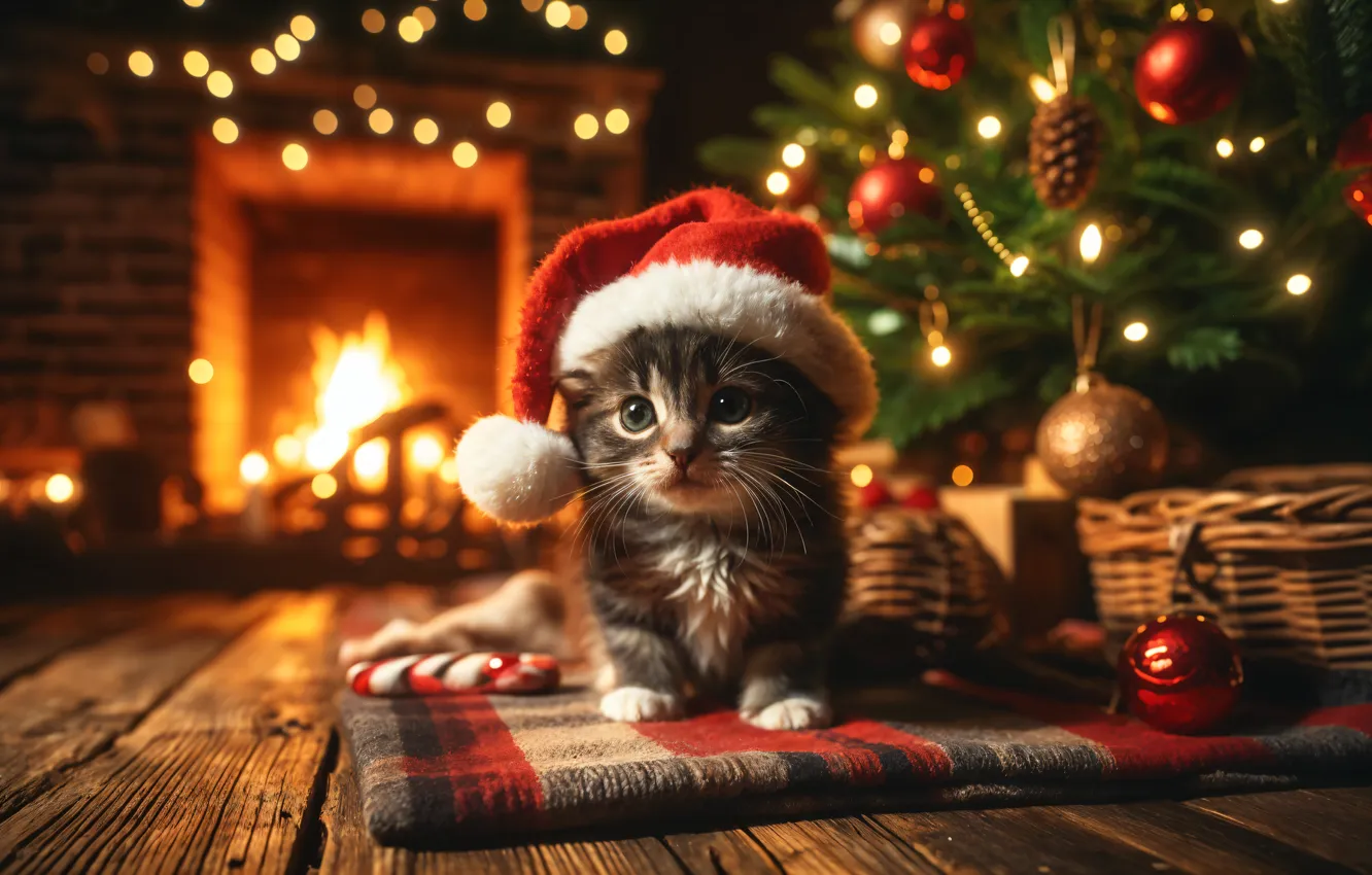 Фото обои кошка, взгляд, шарики, поза, котенок, серый, комната, огонь